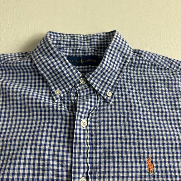 Polo Ralph Lauren Shirt Short Sleeve Seersucker Blue Plaid Button Down Mens L - Picture 3 of 9